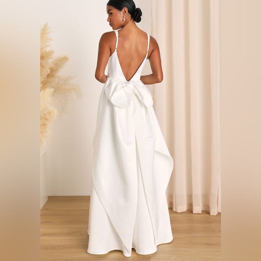 LULUS Blissfully Beloved Ivory Backless A-Line Bow Maxi Dress Size Large - Picture 4 of 6